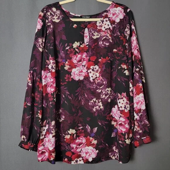 Roz & Ali Burgundy Floral Fairy Grunge Long Sleeve Cottagecore Work Top 2X - Picture 2 of 12